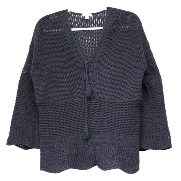 J Jill Blouse Medium Chunky Open Knit Blue 100% Cotton Beach Coastal Resort Boho - Picture 1 of 12